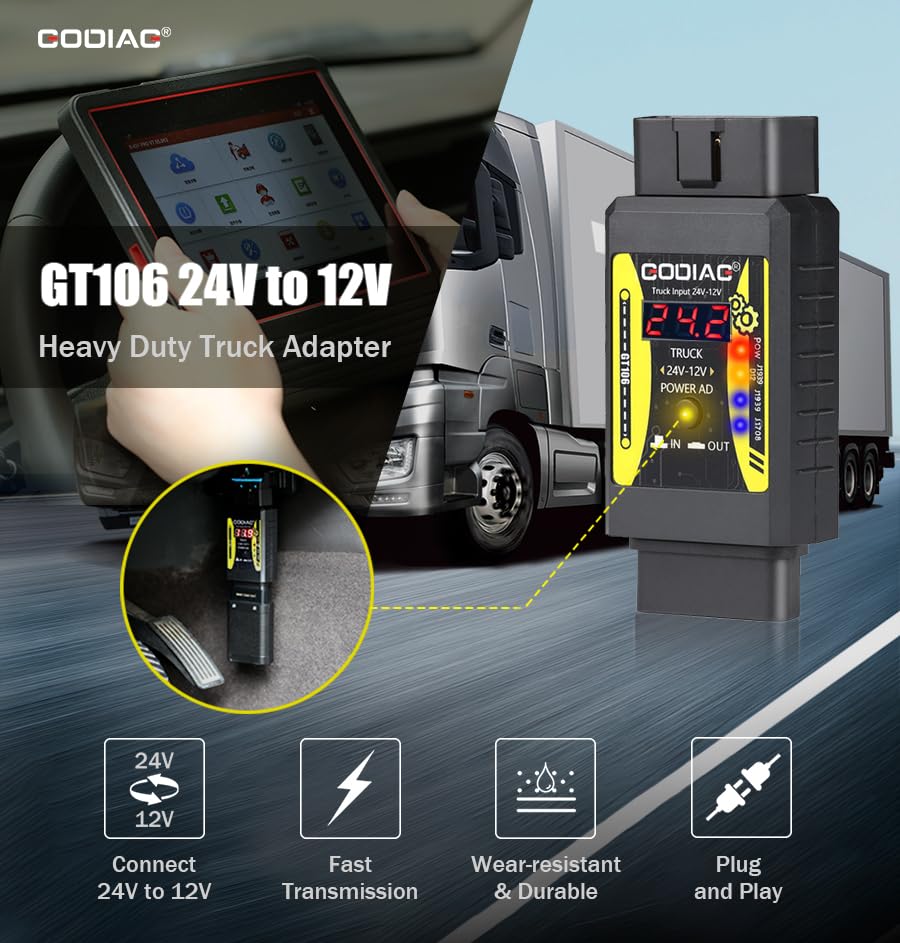 Godiag GT106 Plus 24V to 12V Heavy Duty Truck Adpter for X431 easydiag/ Thinkcar2/Thinkdiag/GOLO/DBScar II Added Fuel Injector Cleaning Testing Relay Testing for Cars Trucks